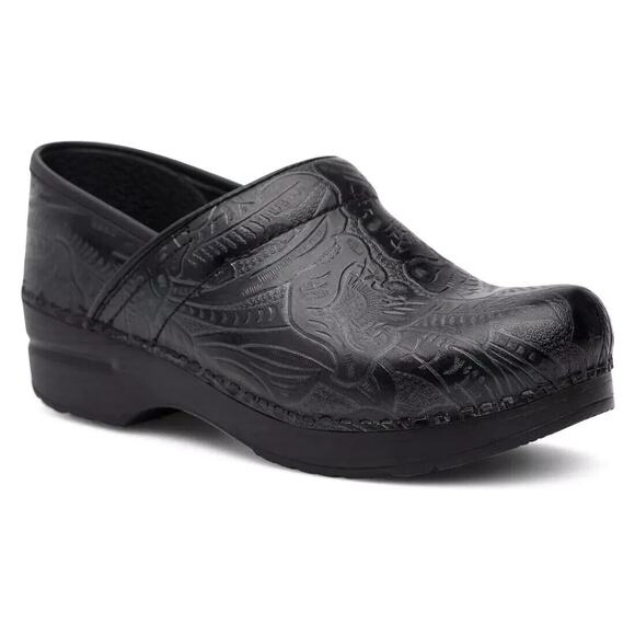 Dansko Professional Women's Black Tooled Filigree Leather Clogs US 11 NEW - Picture 1 of 7